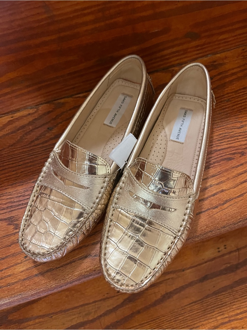 Saks Fifth Avenue Metallic Gold Croc-Embossed Penny Loafers - Women/NEW